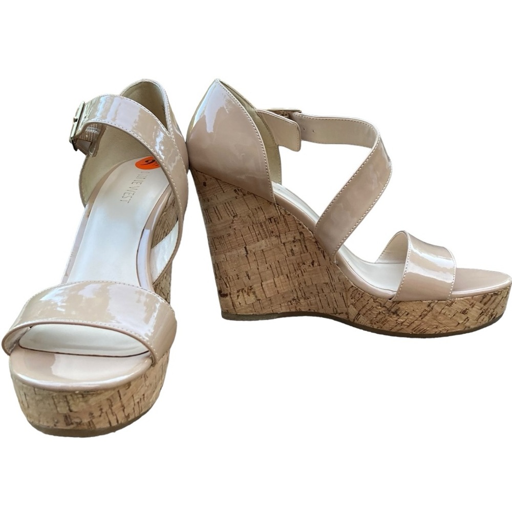 NINE WEST “Florey” Nude Beige Patent Leather & Cork Wedge Platform Sandals, 9.5M